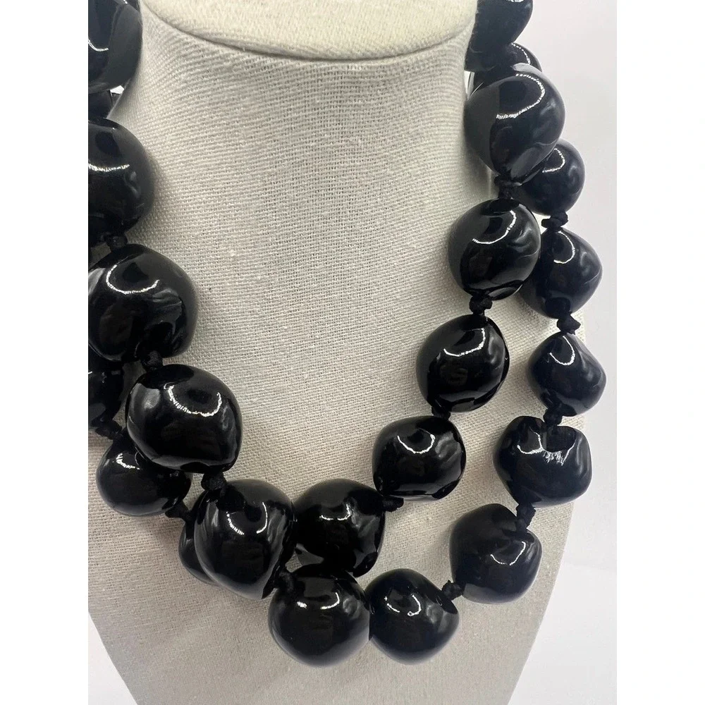 Kukui Nut Lei Necklace Black Polished Ribbon Tie Island Lightweight‎ Hawaiian